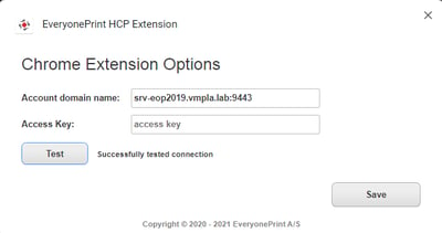 EveryonePrint HCP Chrome Extension Configuration Screen with Successful Connection Test