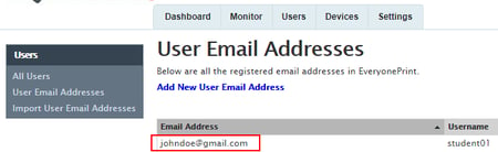 EveryonePrint User Management Interface Displaying Registered Email Addresses