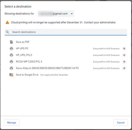 Print Destination Selection Screen with EveryonePrint HCP Extension Options