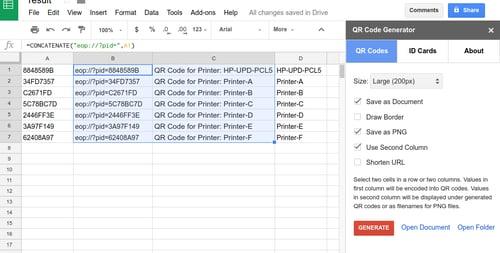 QR Code Generation for Printers Spreadsheet Interface