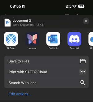 Smartphone Share Menu with Word Document and Cloud Printing Options