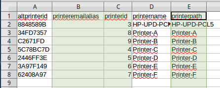 Excel Spreadsheet Highlighting Printer Data with ID and Paths