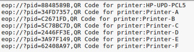 Text Document Showing QR Code Data Strings for Various Printers